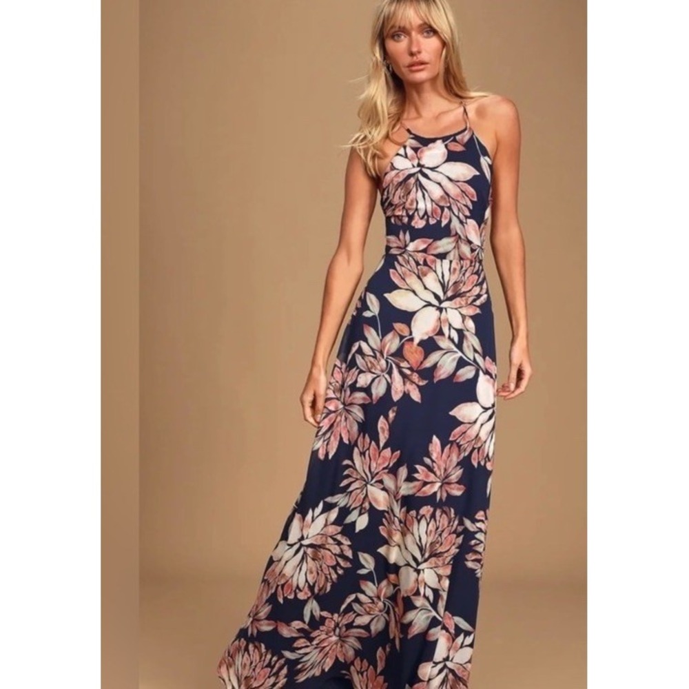 Lulus Maxi Dress‎ Adventure Seeker Blue Floral Strappy Back Dress Womens S